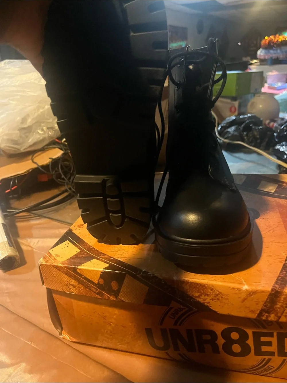 Girls Black Lace-Up Combat Boots with Side Zip